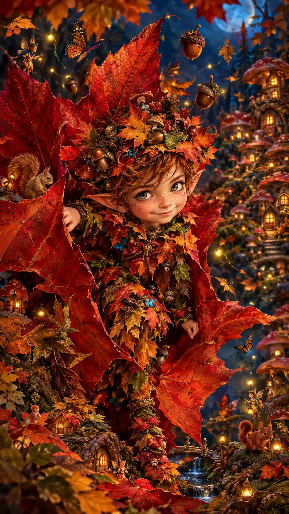 Tiny woodland sprite emerging from a giant crimson leaf