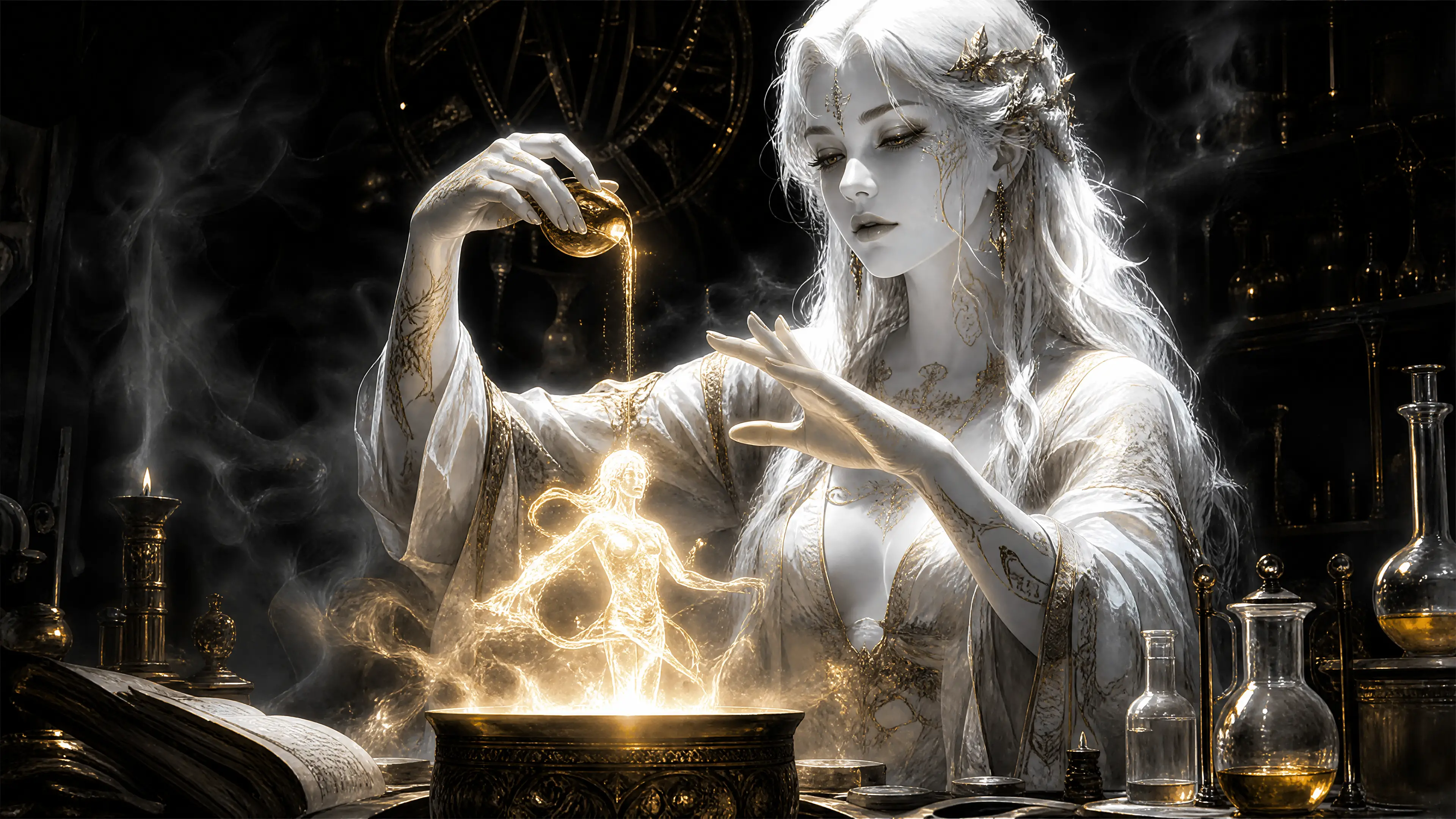 Pale woman with golden tattoos in a mystical alchemy scene