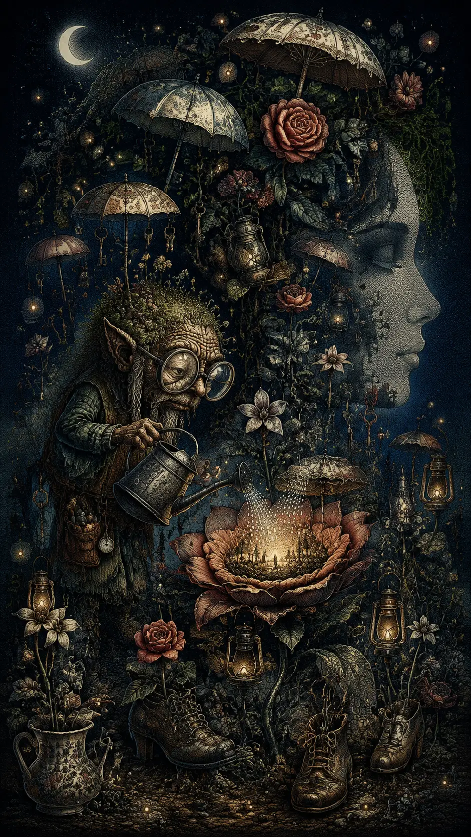 Elderly fantasy gardener tending a garden of forgotten objects