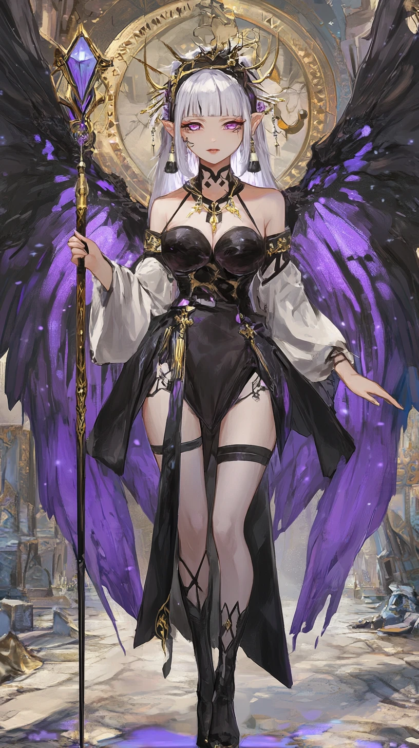 Serious anime girl in black and purple chinese dress