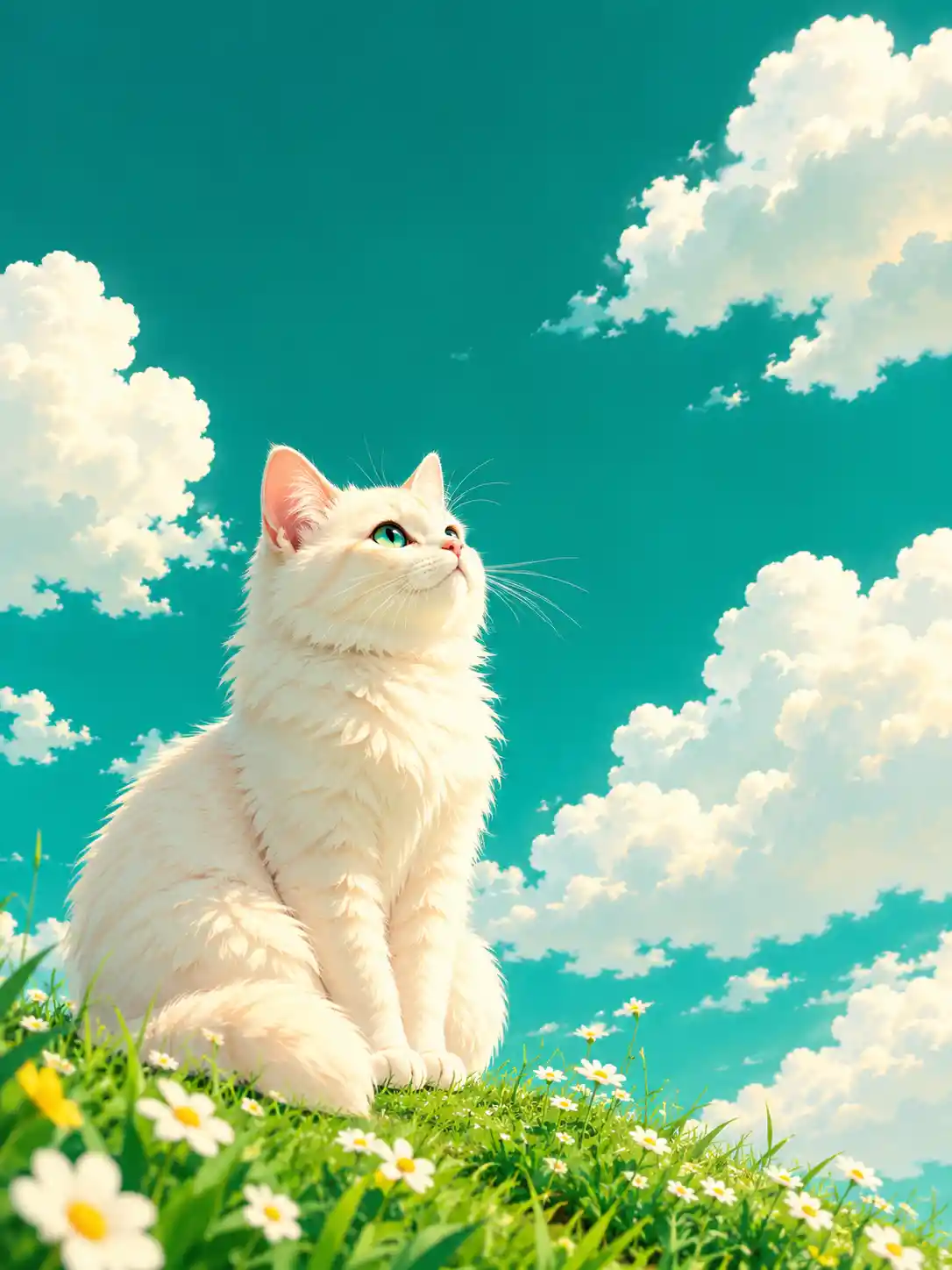 Chat crème tout doux regardant les nuages dans un ciel pastel