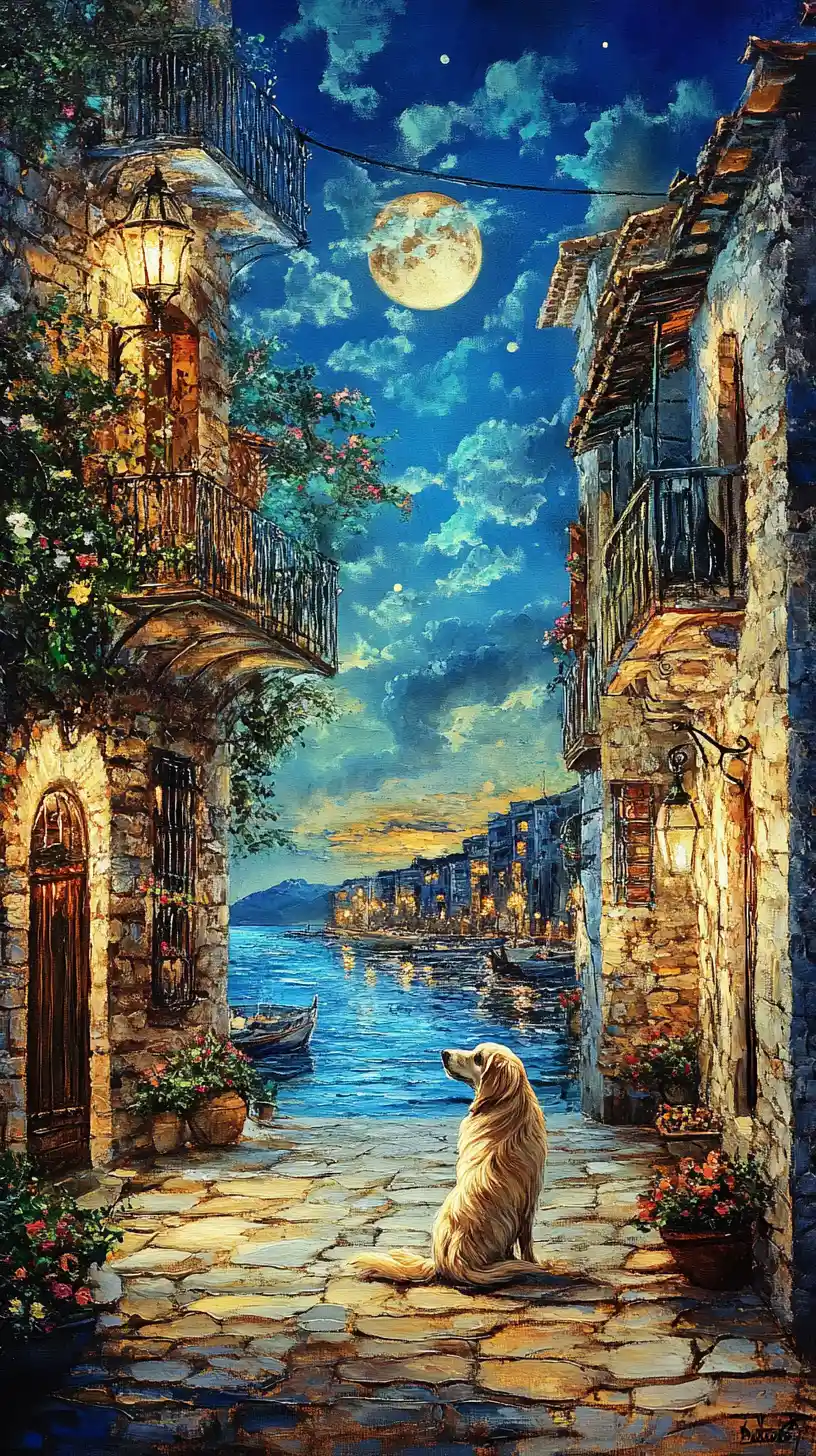 Fantasy glass collie artwork on a quiet harbor street