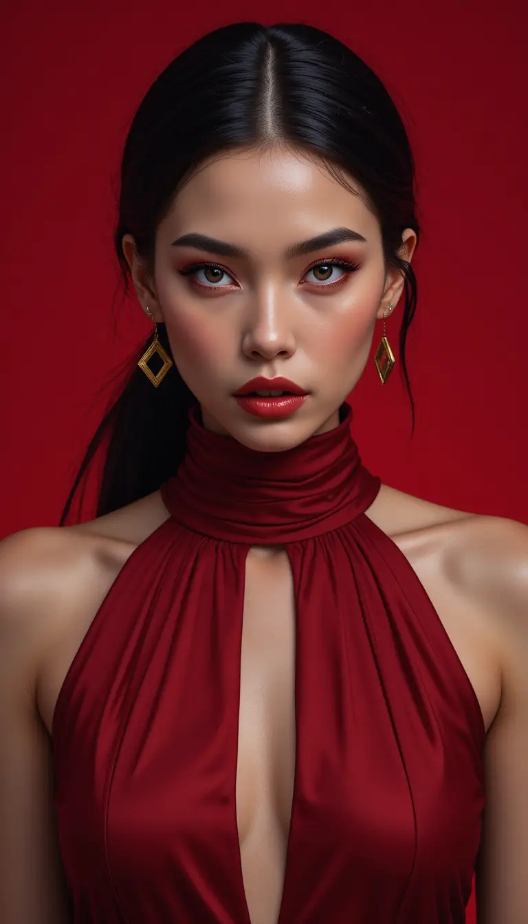 Intense fashion portrait of woman in crimson high neck outfit