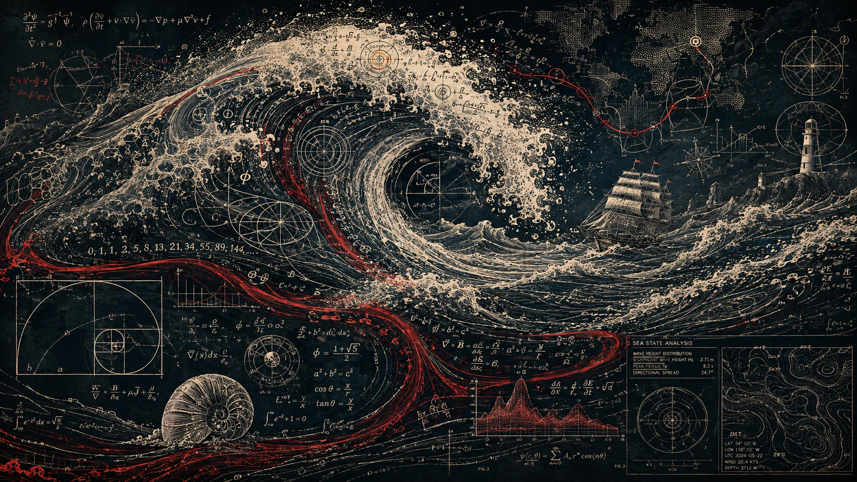 Vagues abstraites géantes composées de symboles mathématiques et nautiques