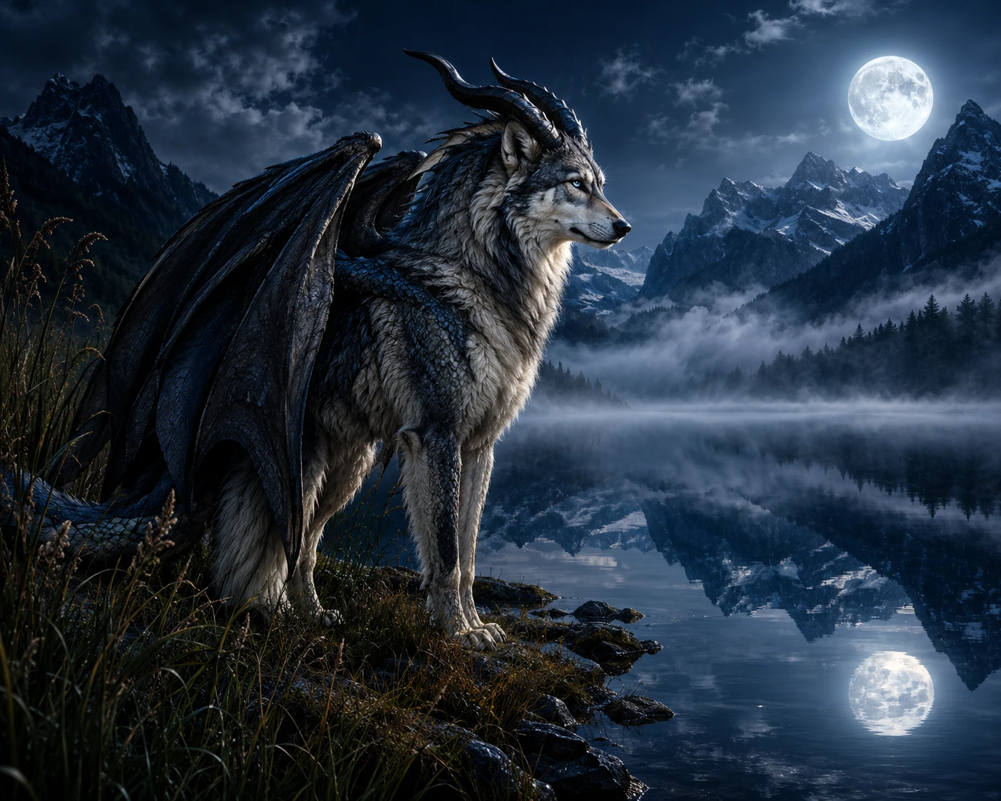 Geflügelter Wolfsdrache an einem nebligen mondbeschienenen Seeufer