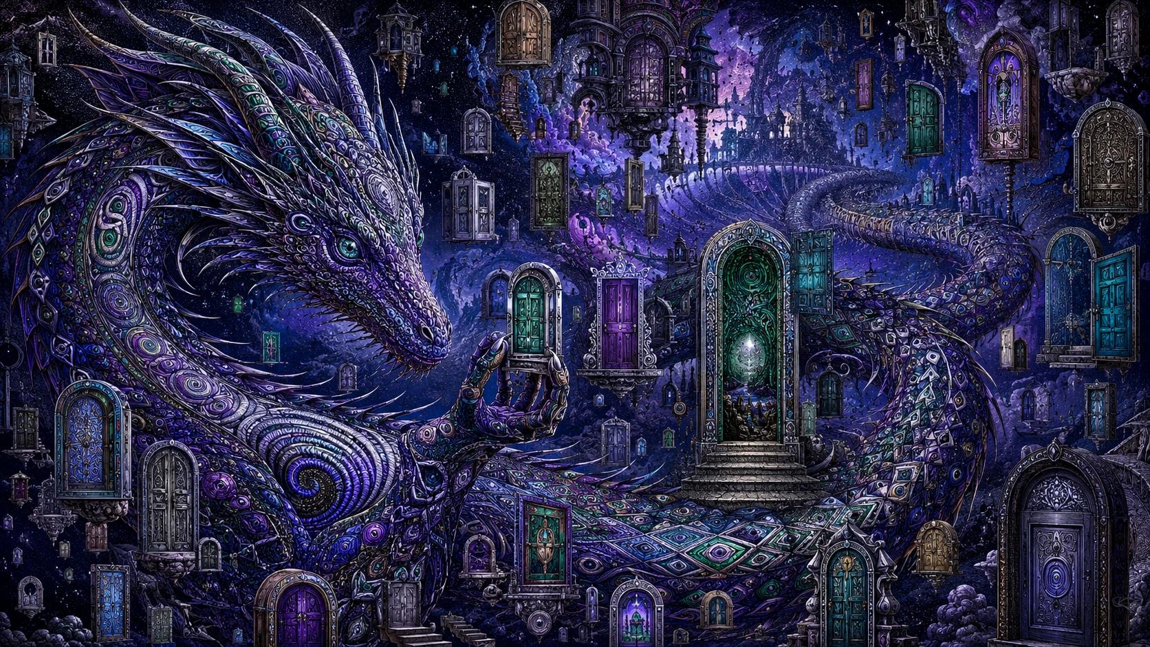 Long dragon coiled among floating doors in surreal space