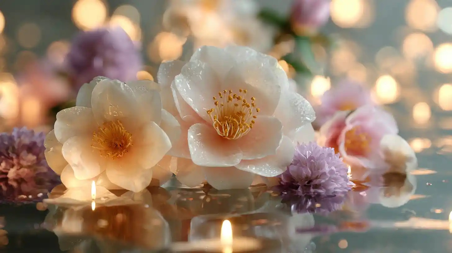 Macro flowers floating on calm reflective water surface