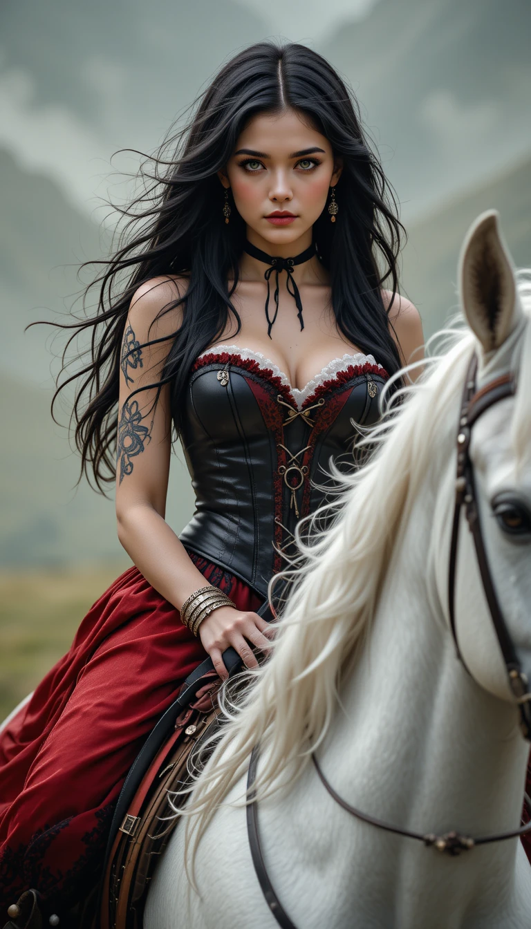 Dark haired rebel woman on white horse in highlander era