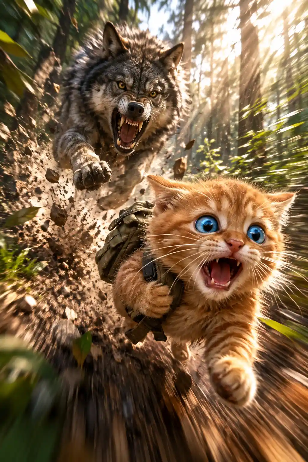 Tiny 3D orange kitten sprinting down a forest trail