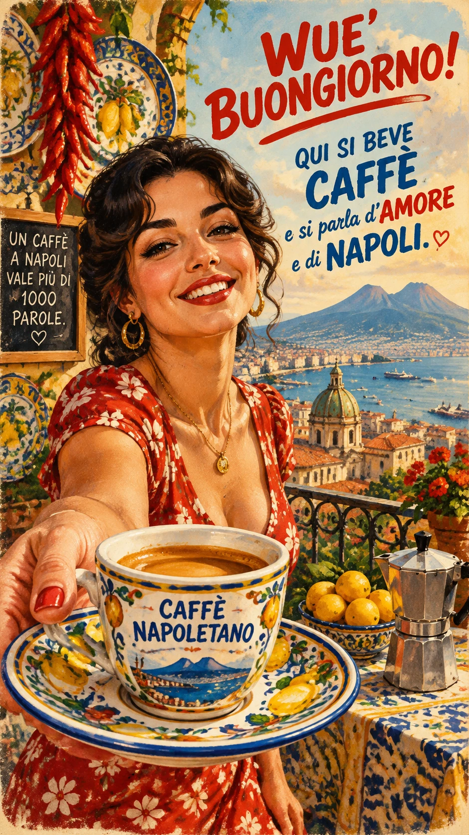 Smiling woman offering espresso with Naples in background