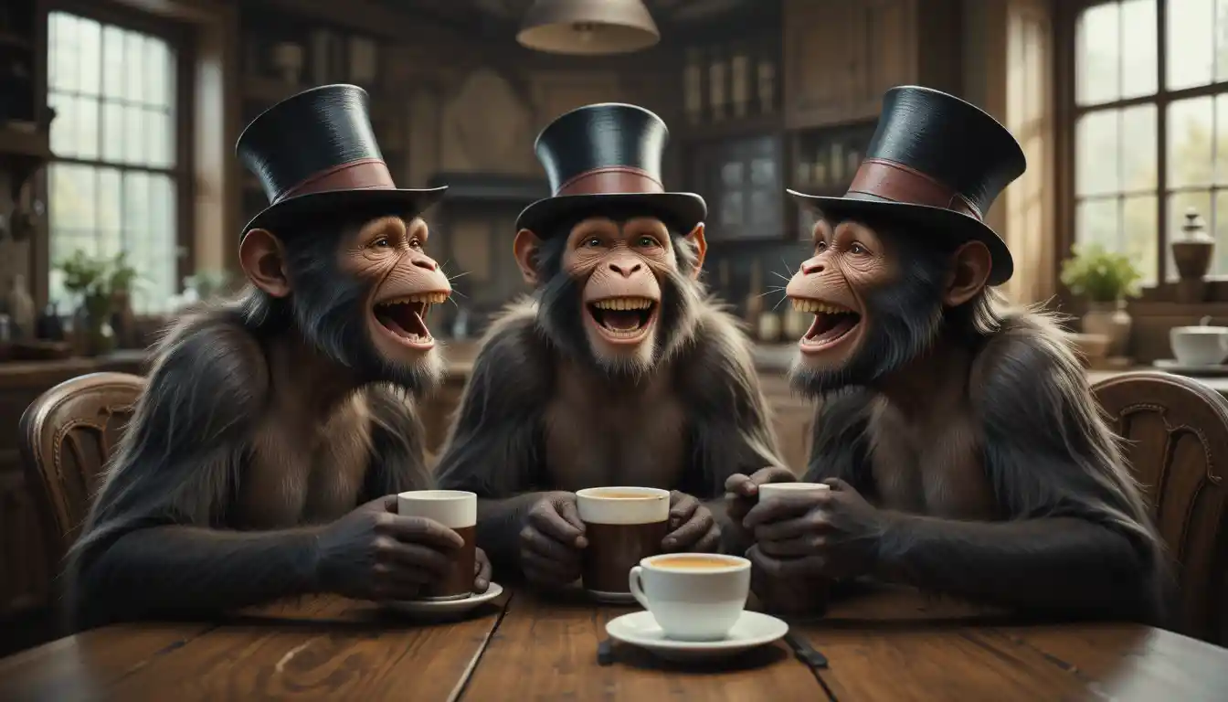 Three monkeys in top hats laughing at a rustic kitchen table