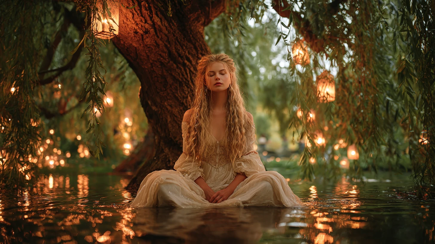Young woman resting under a willow tree by water