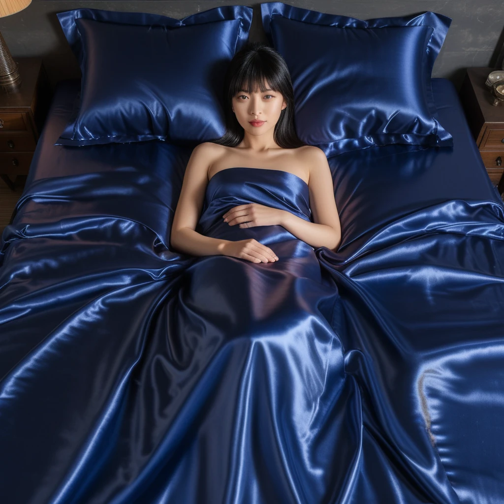 Mujer japonesa tumbada en una cama king size de satén índigo