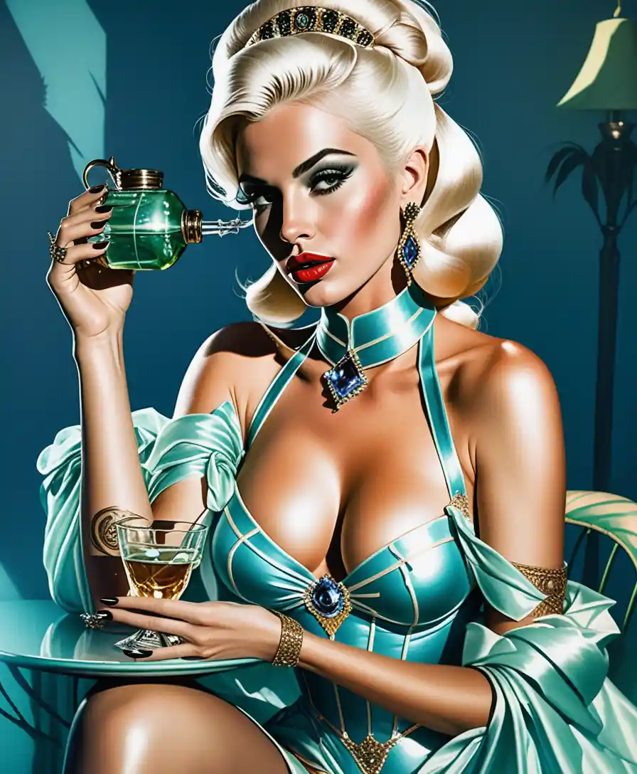Fantasy blonde pinup witch in a neon nightclub