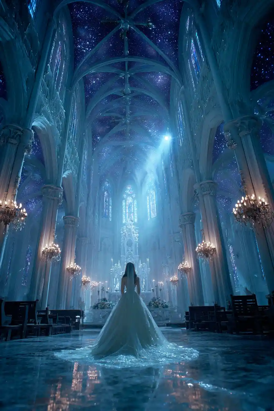 Korean fantasy bride in glowing cathedral romance scene