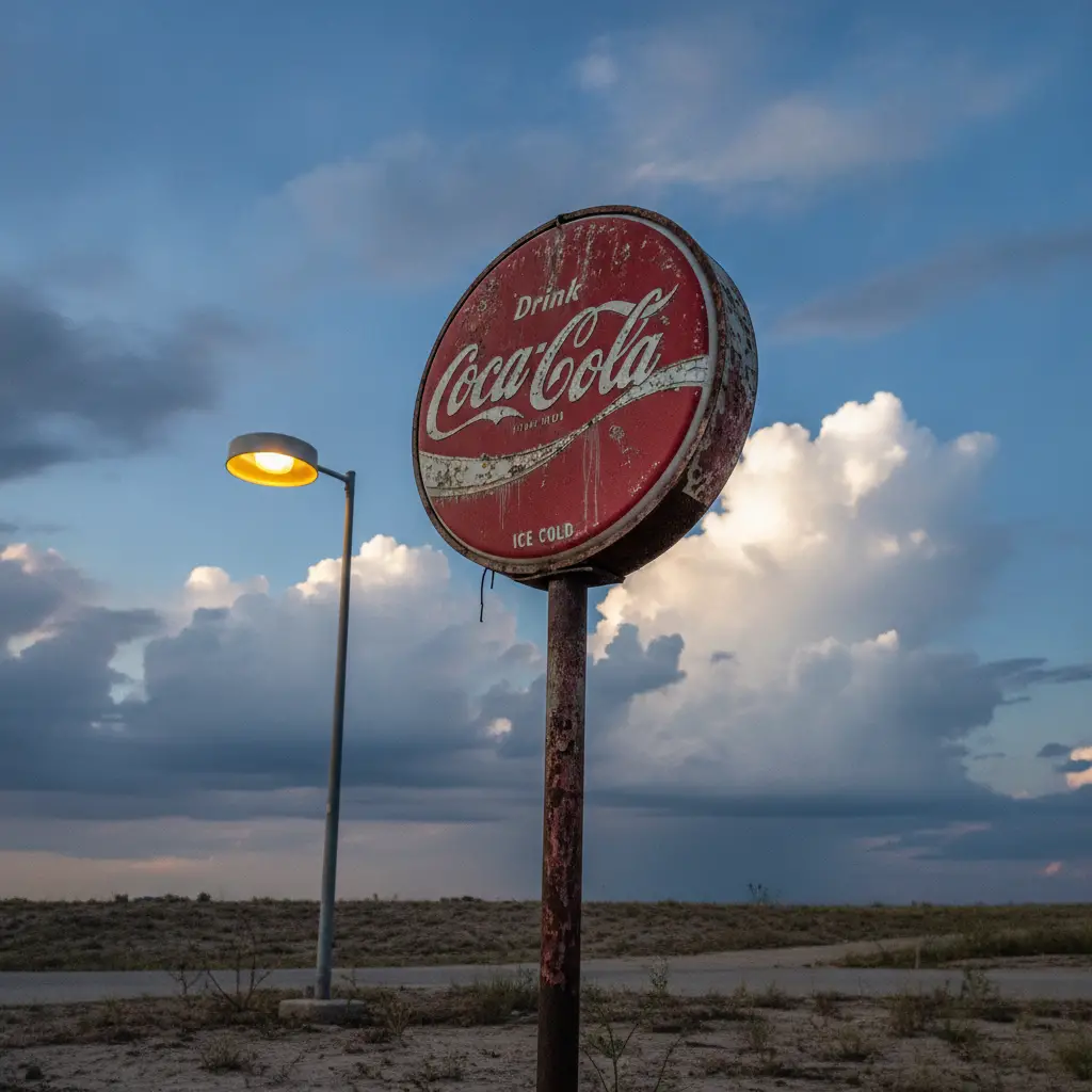 Vintage street sign against blue sky with soft clouds