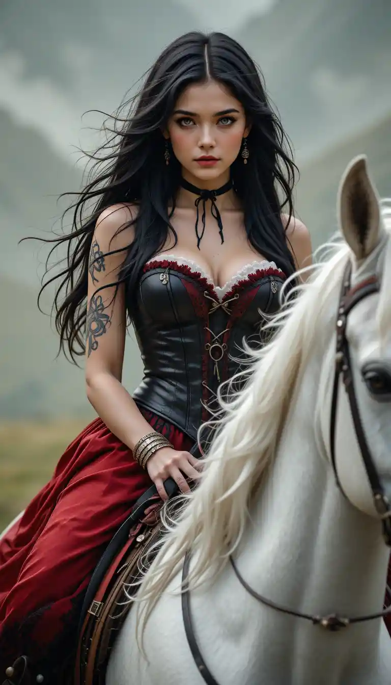 Dark haired rebel woman on white horse in highlander era