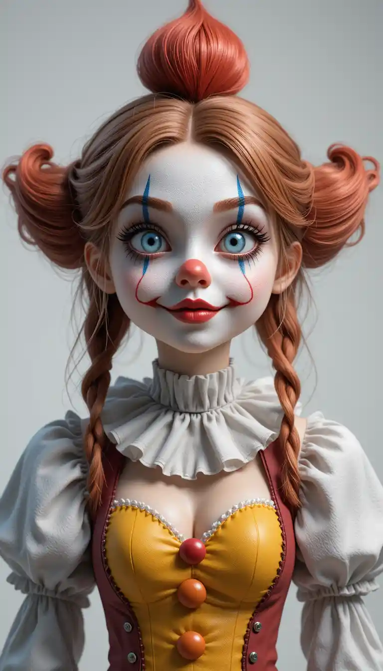 Süßes Clown-Mädchen-Porträt mit verspieltem, übertriebenem Gesichtsausdruck