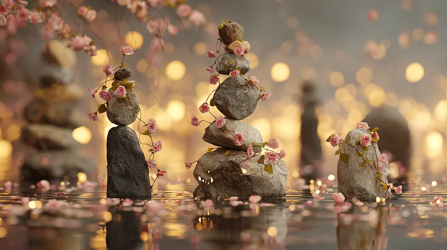 Balancing stone sculptures over water with floating petals