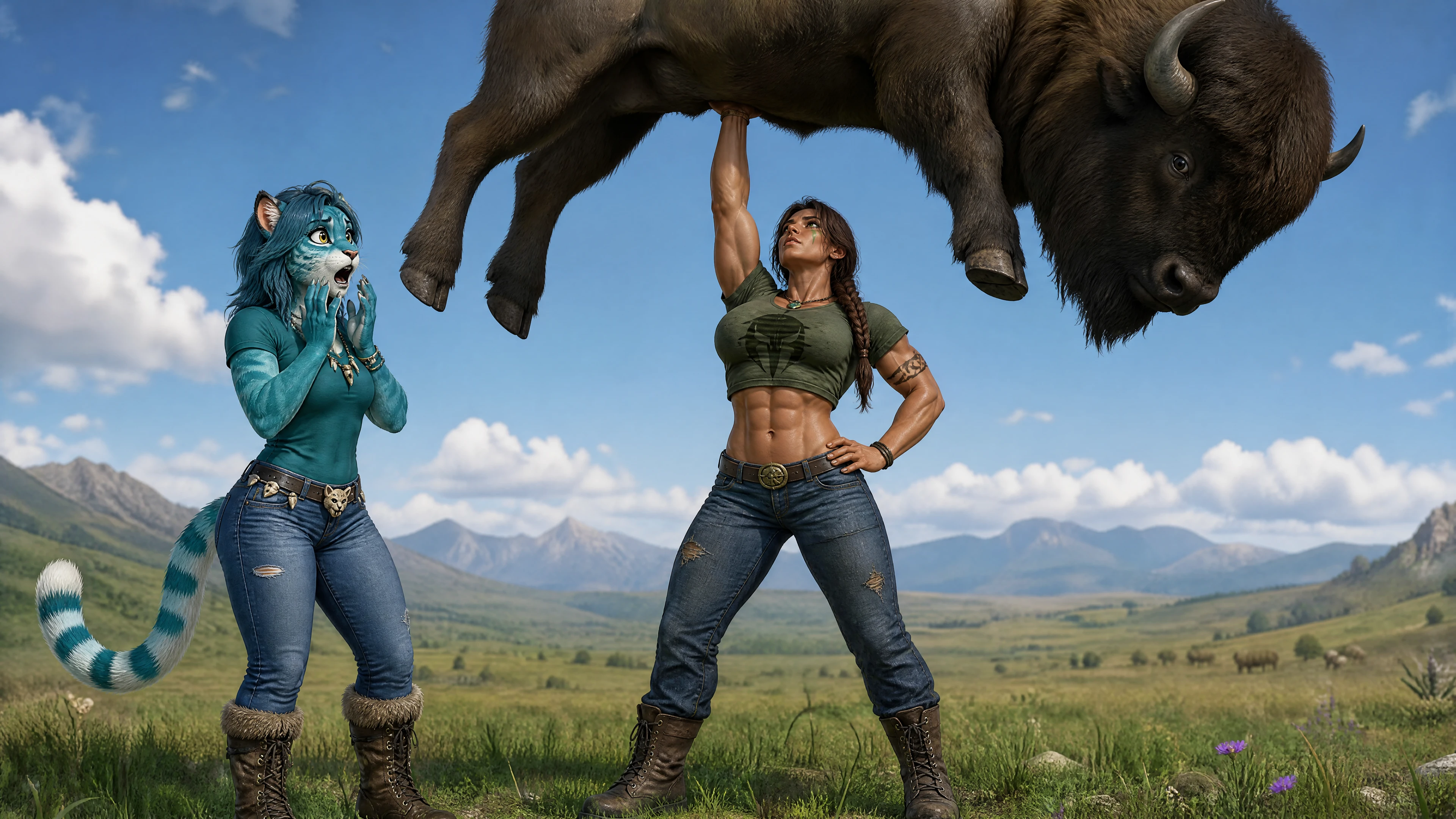 Warrior woman lifting a bison in open grassland