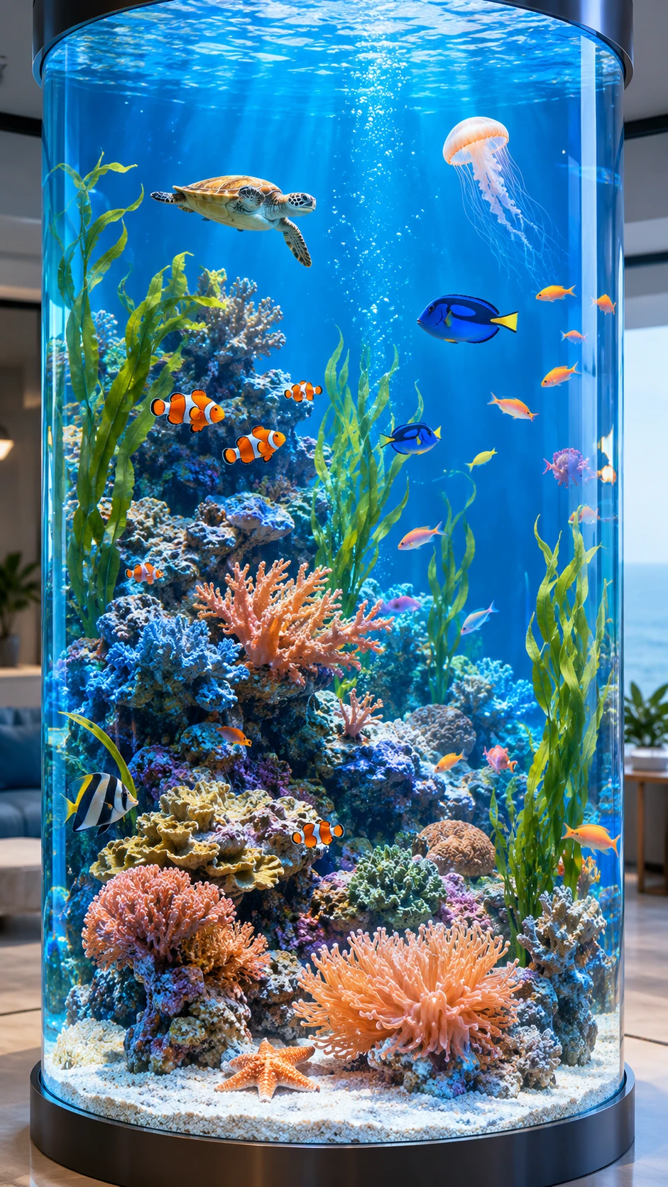 Tall clear aquarium with vibrant coral reef scene