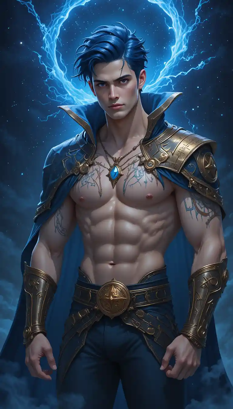 Tall fantasy warrior man with runic jewelry and coat