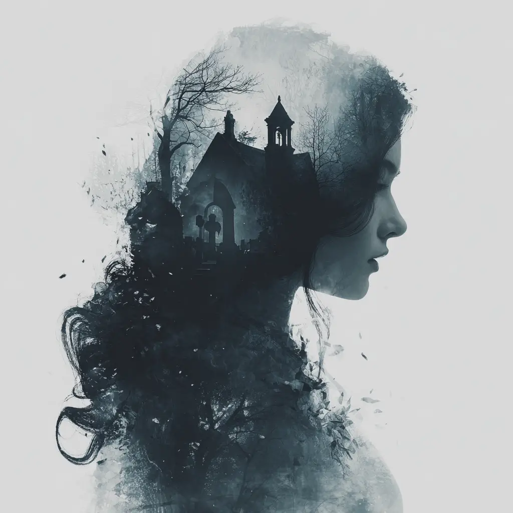 Double exposure portrait of a woman with victorian graveyard