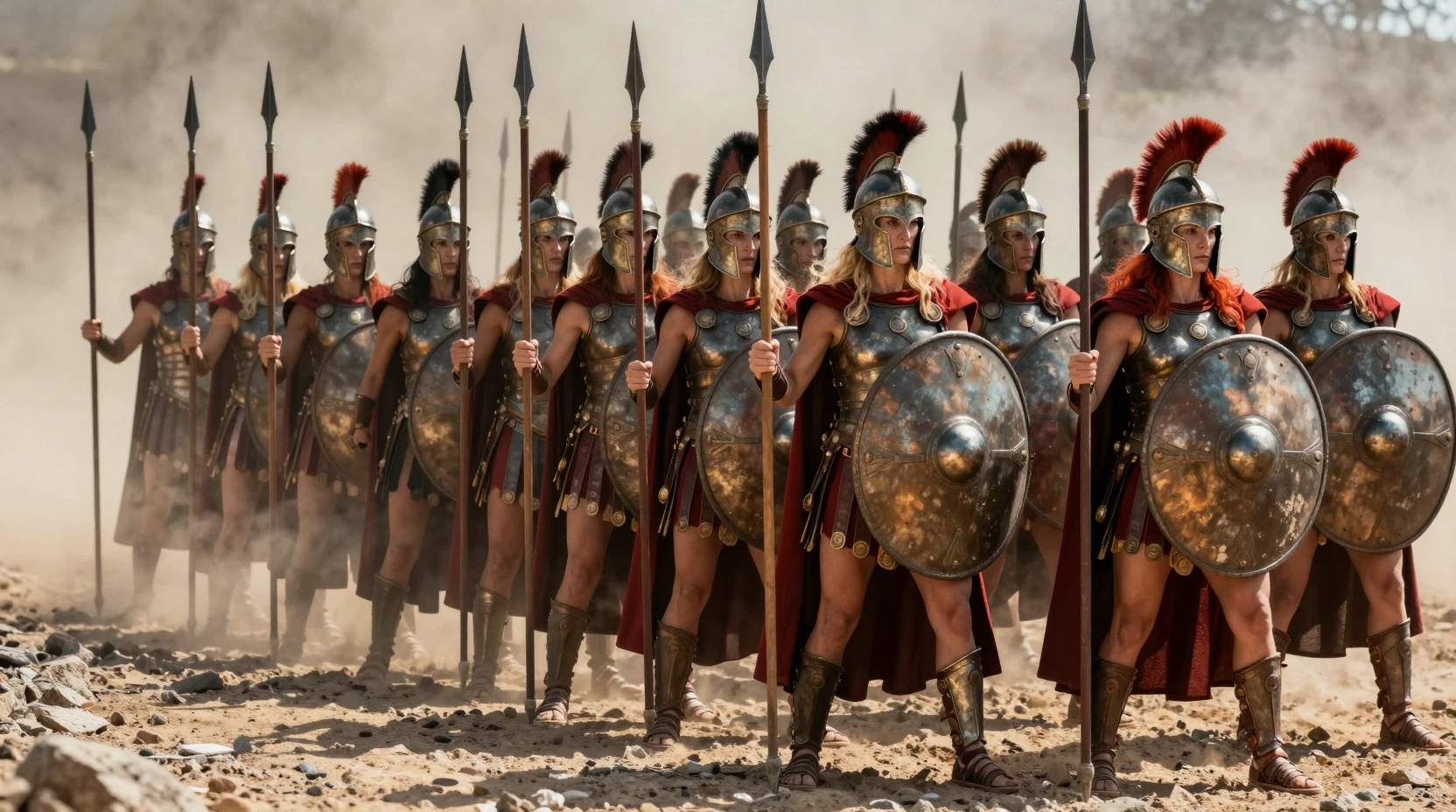 Spartan women warriors in formation on a dusty battlefield