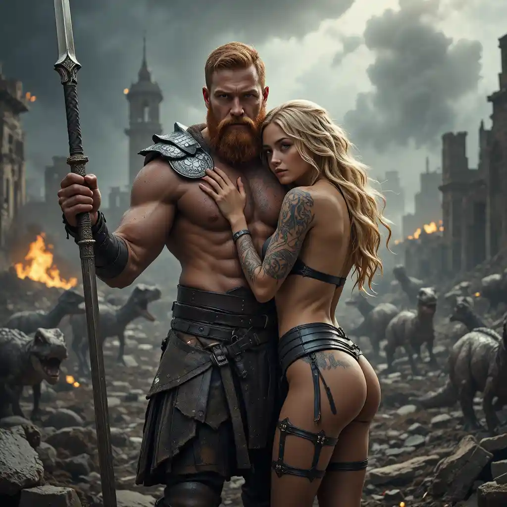 Warrior and tattooed lover standing on ruined battlefield