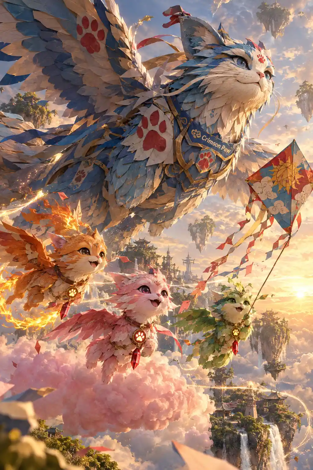 Giant paper cat dragon flying with baby dragons at sunset
