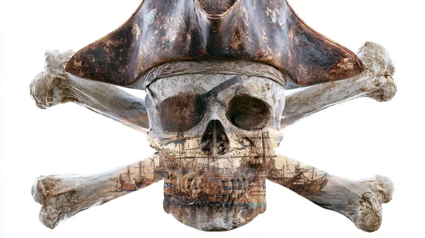 Calavera 3D de jolly roger con barco pirata en doble exposición