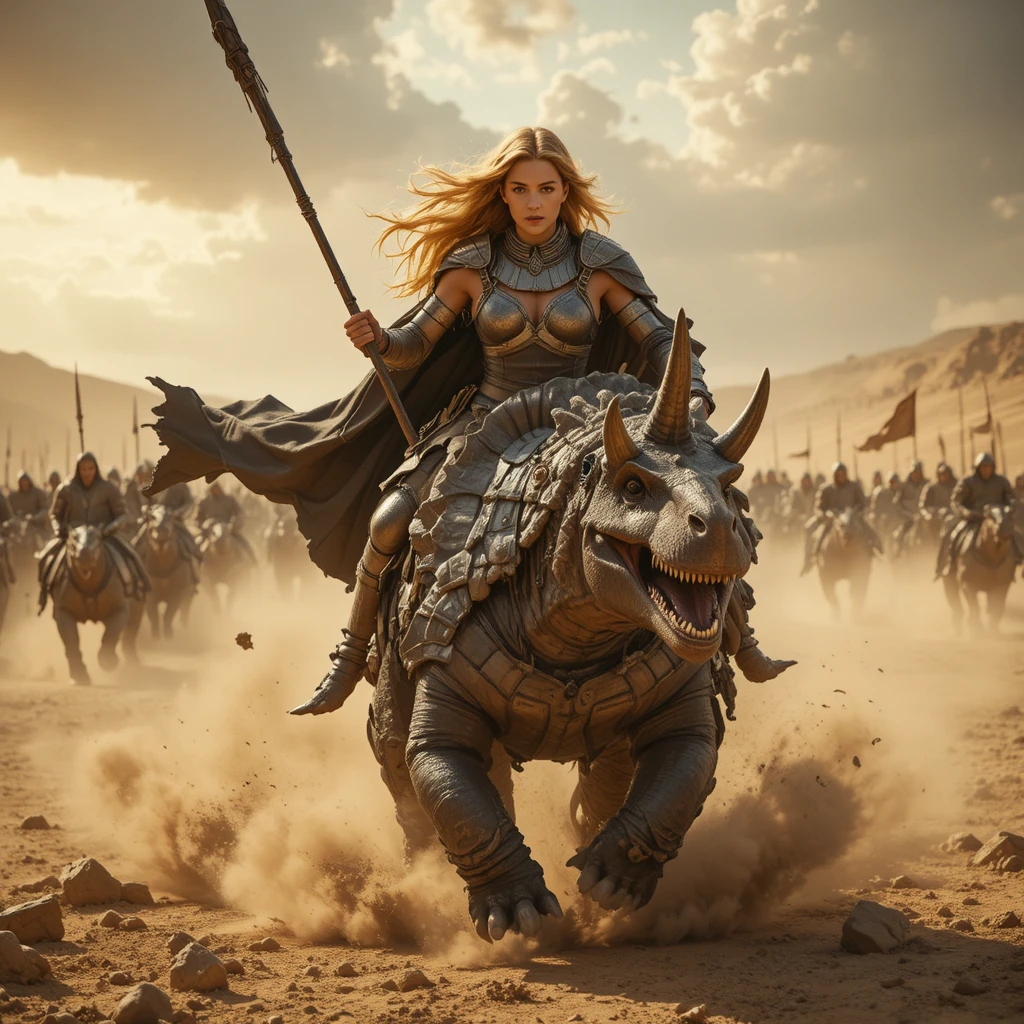 Blonde warrior woman charging on a triceratops mount