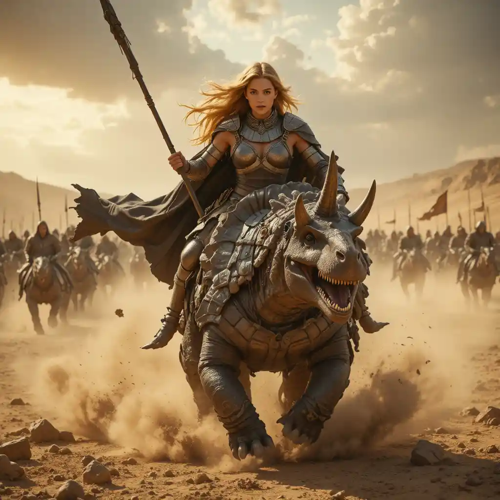 Blonde warrior woman charging on a triceratops mount