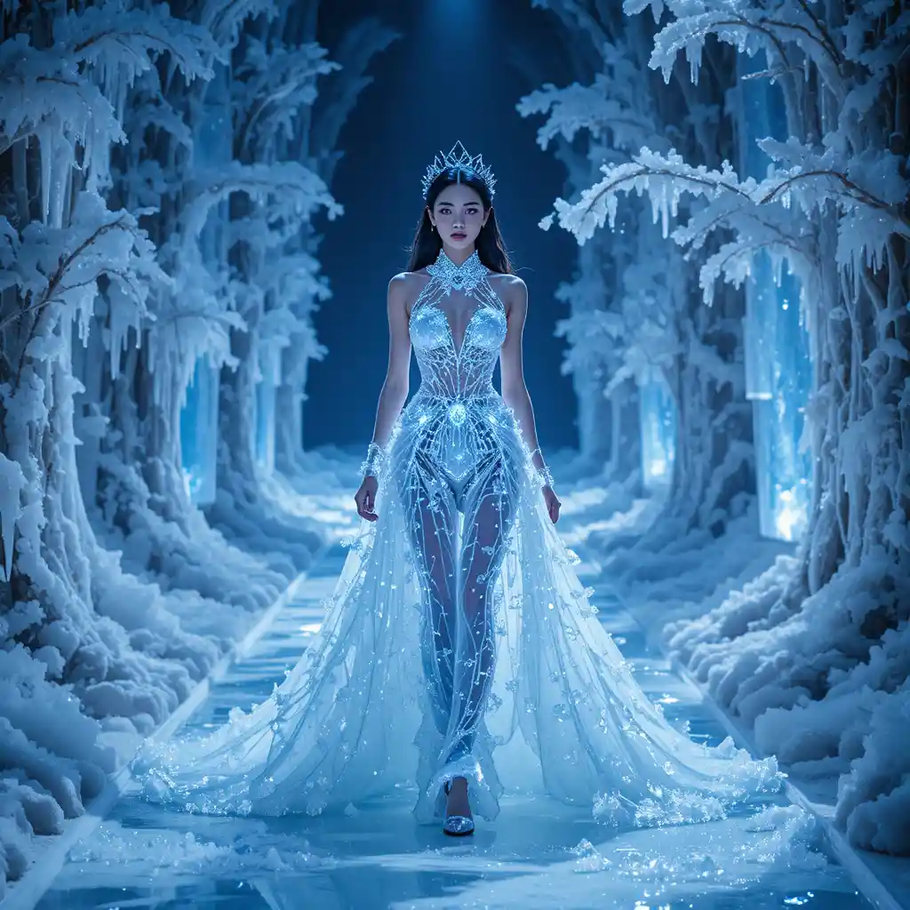 Modelo elegante em uma pista de gelo em uma floresta mágica