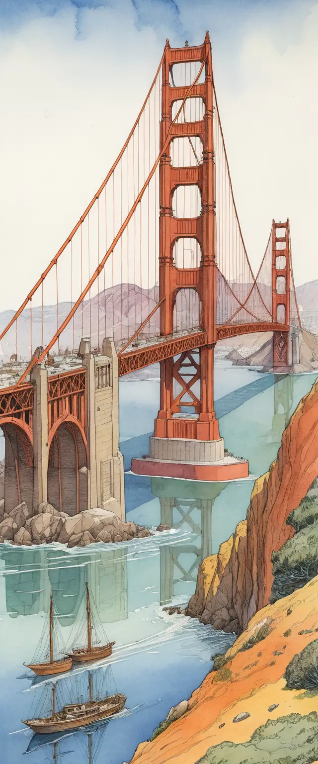Watercolor illustration of the Golden Gate Bridge cityscape