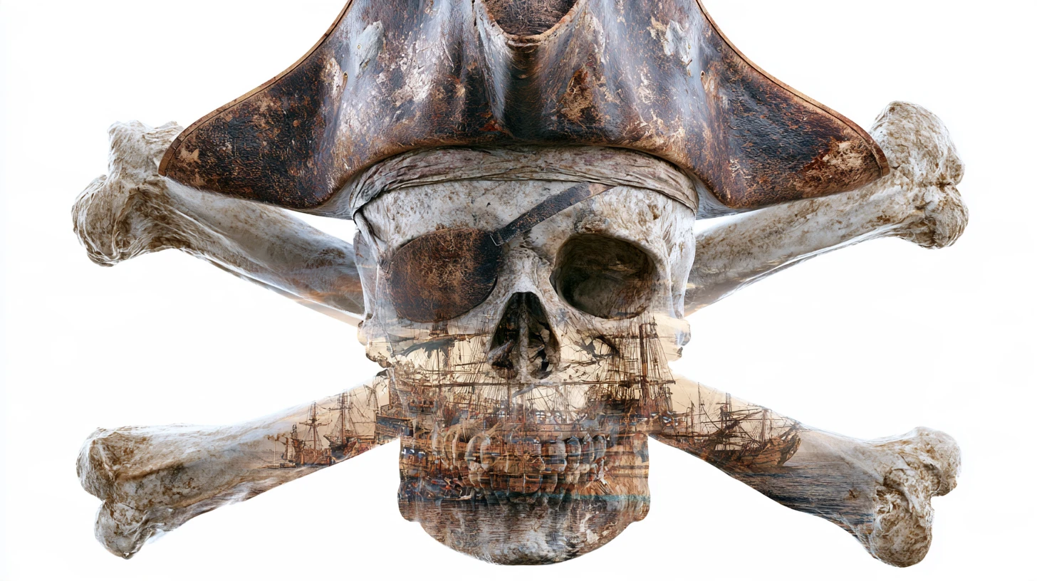 Calavera 3D de jolly roger con barco pirata en doble exposición