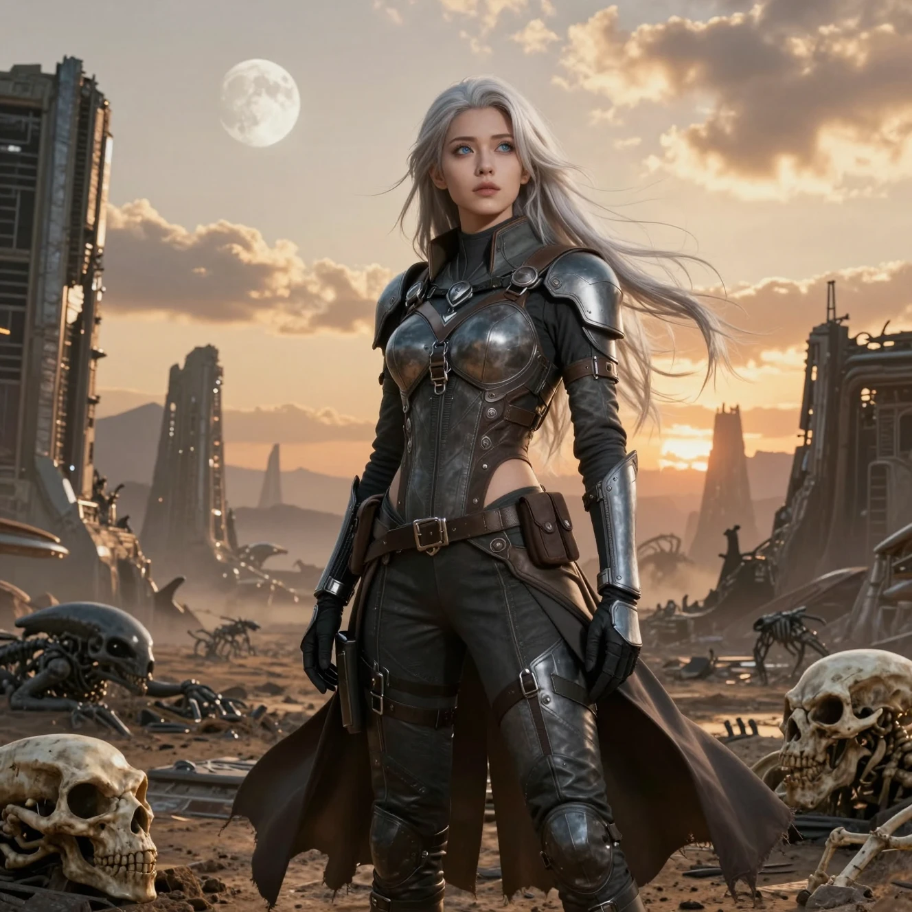 Silver haired warrior woman in alien ruins at sunset