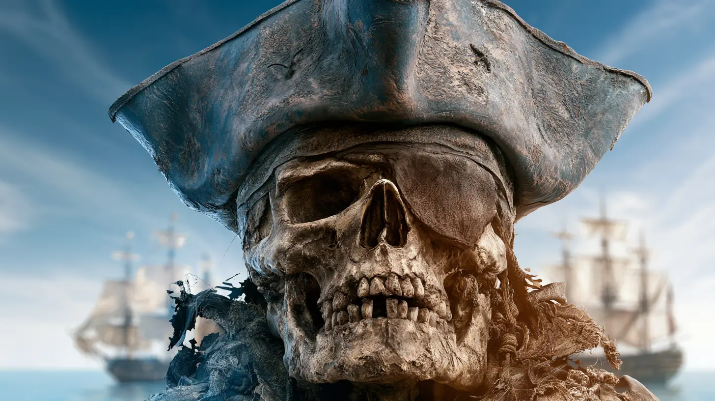 3d jolly roger skull with pirate ship double exposure