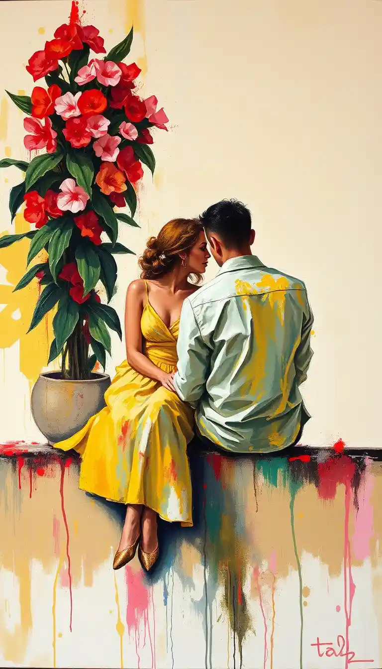 Emotional impasto painting of a couple talking closely