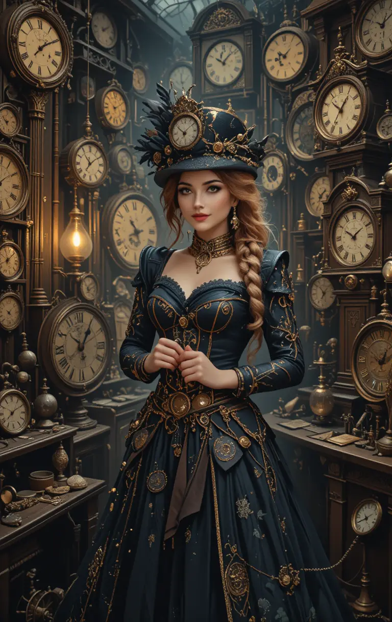 Steampunk woman repairing clocks in a warm antique shop