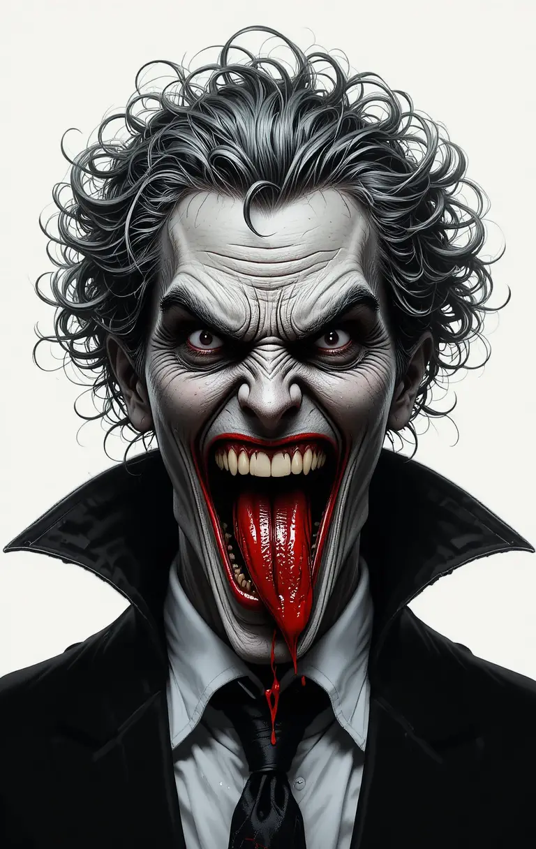 Creepy vampire laughing with tongue out in defiance