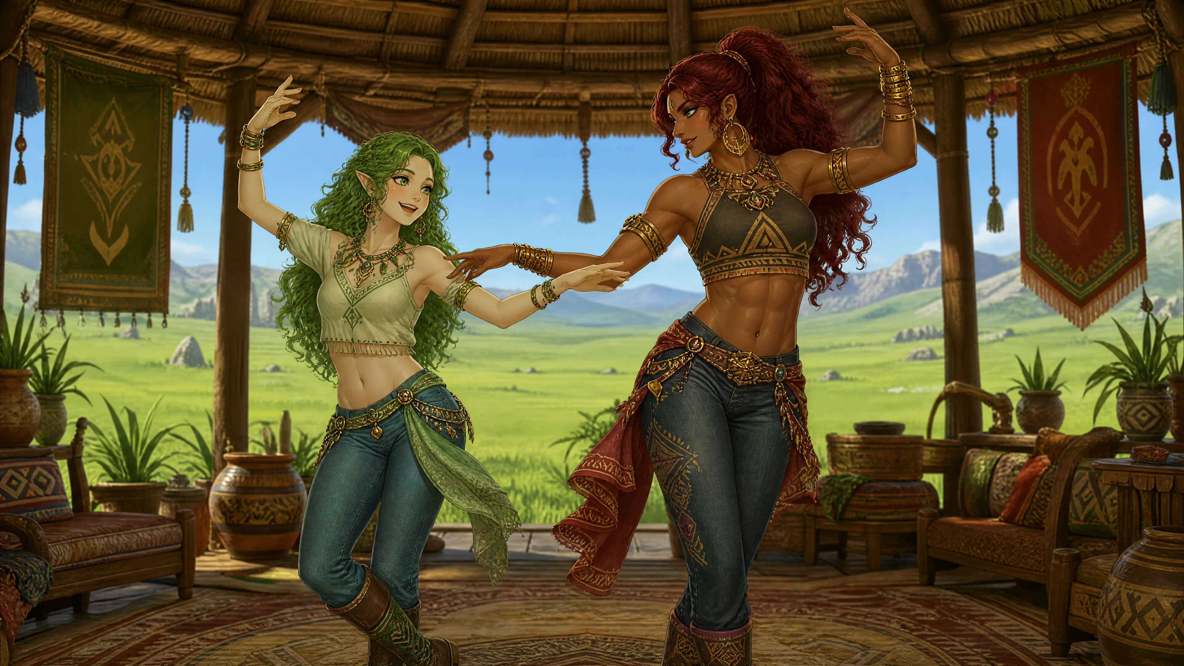 Duas mulheres de fantasia dançando em uma cabana tribal rústica