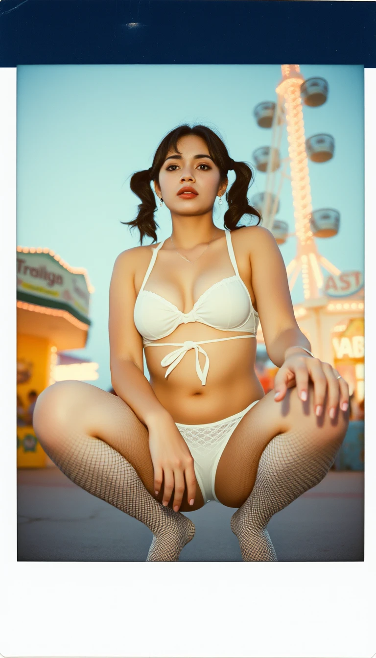 Woman at a fairground captured on vintage instant film