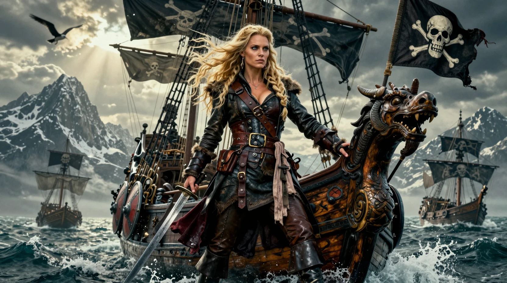 Blonde Pirate Woman Standing Strong On A Stormy Longship