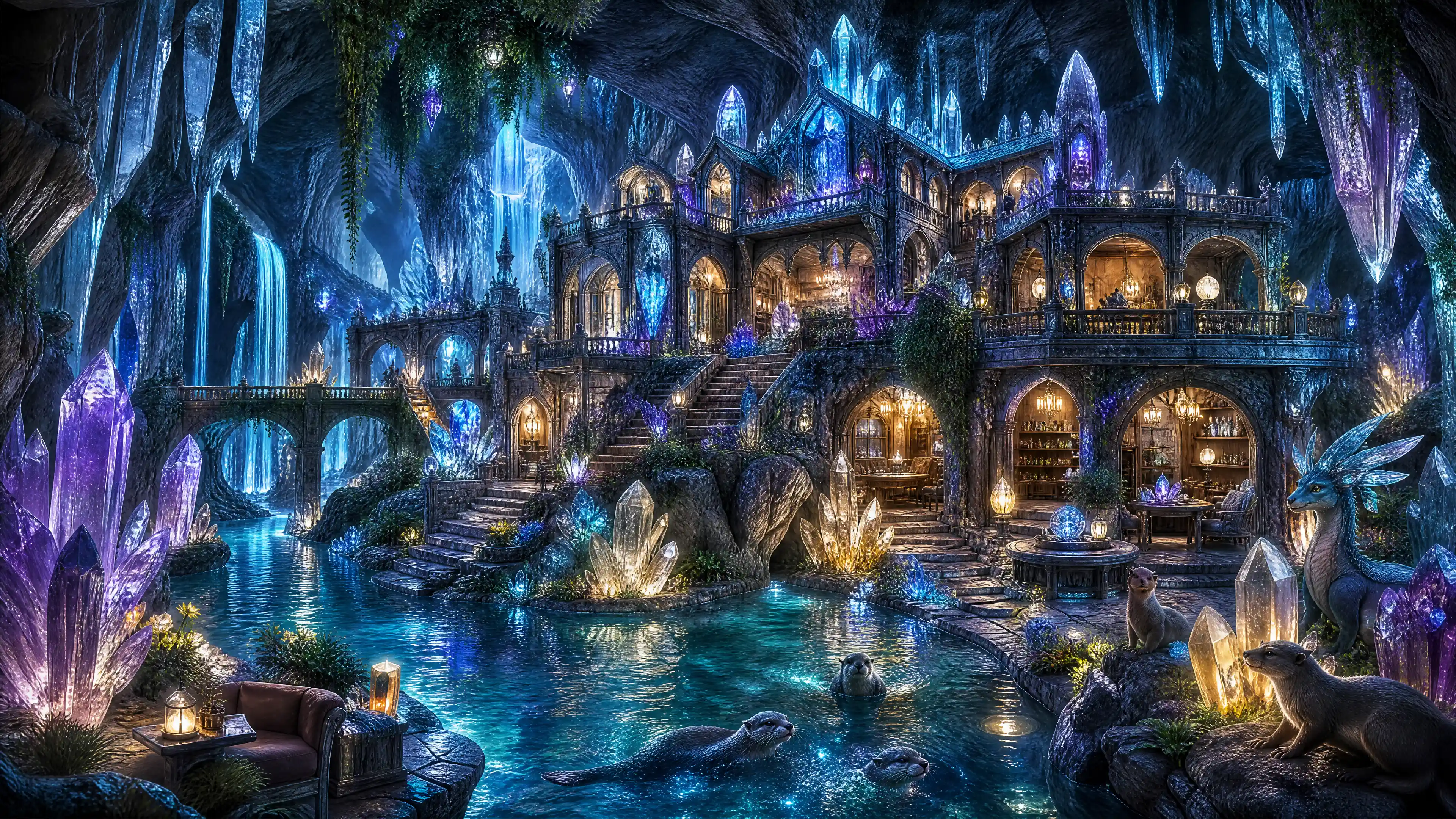 Fantastische Kristallhöhle mit leuchtendem Höhlenhaus und Wildtieren
