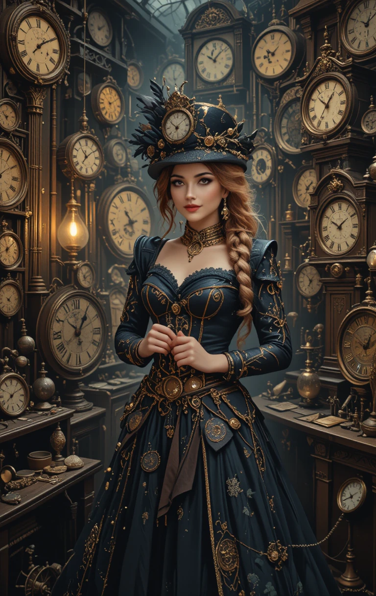 Steampunk woman repairing clocks in a warm antique shop