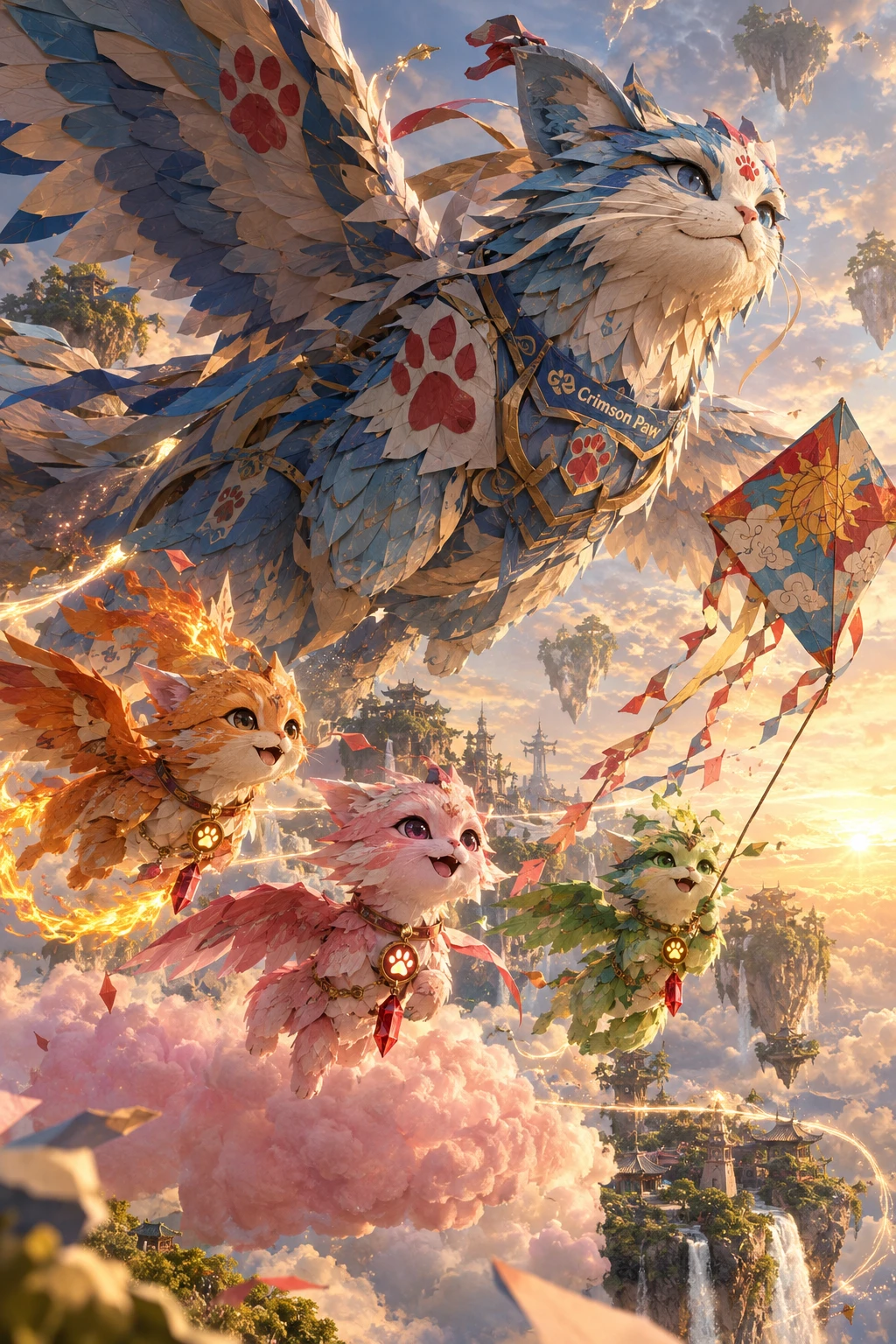 Giant paper cat dragon flying with baby dragons at sunset