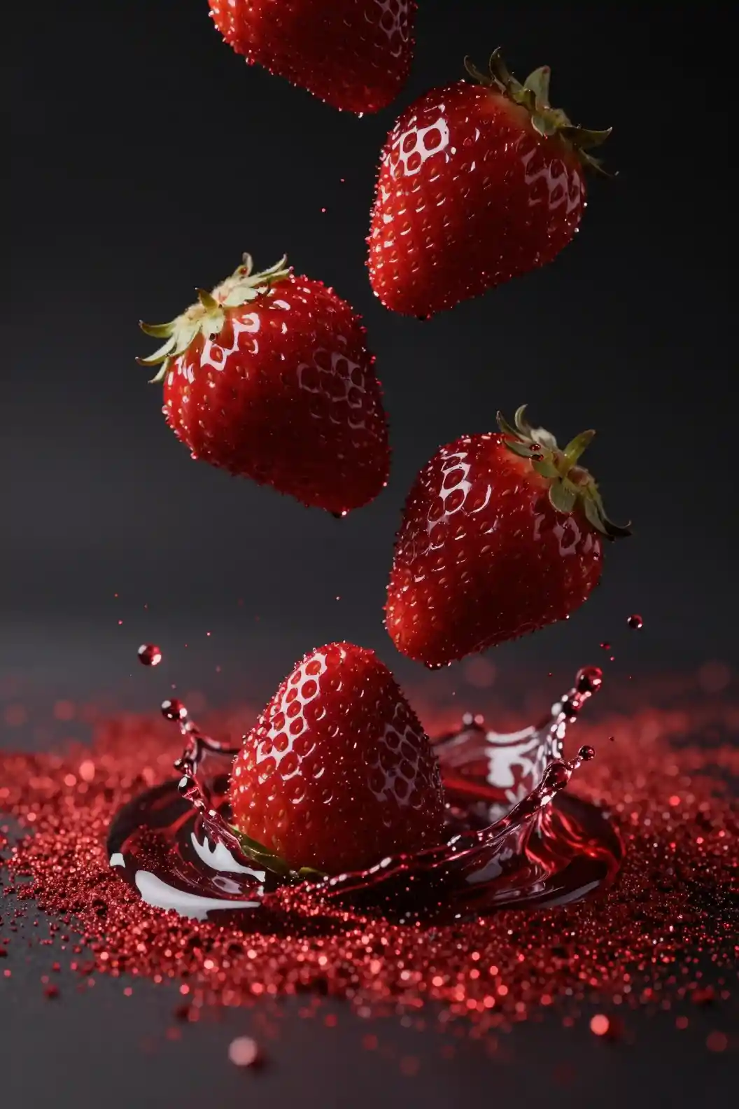 Dark red strawberries falling into shimmering scarlet powder