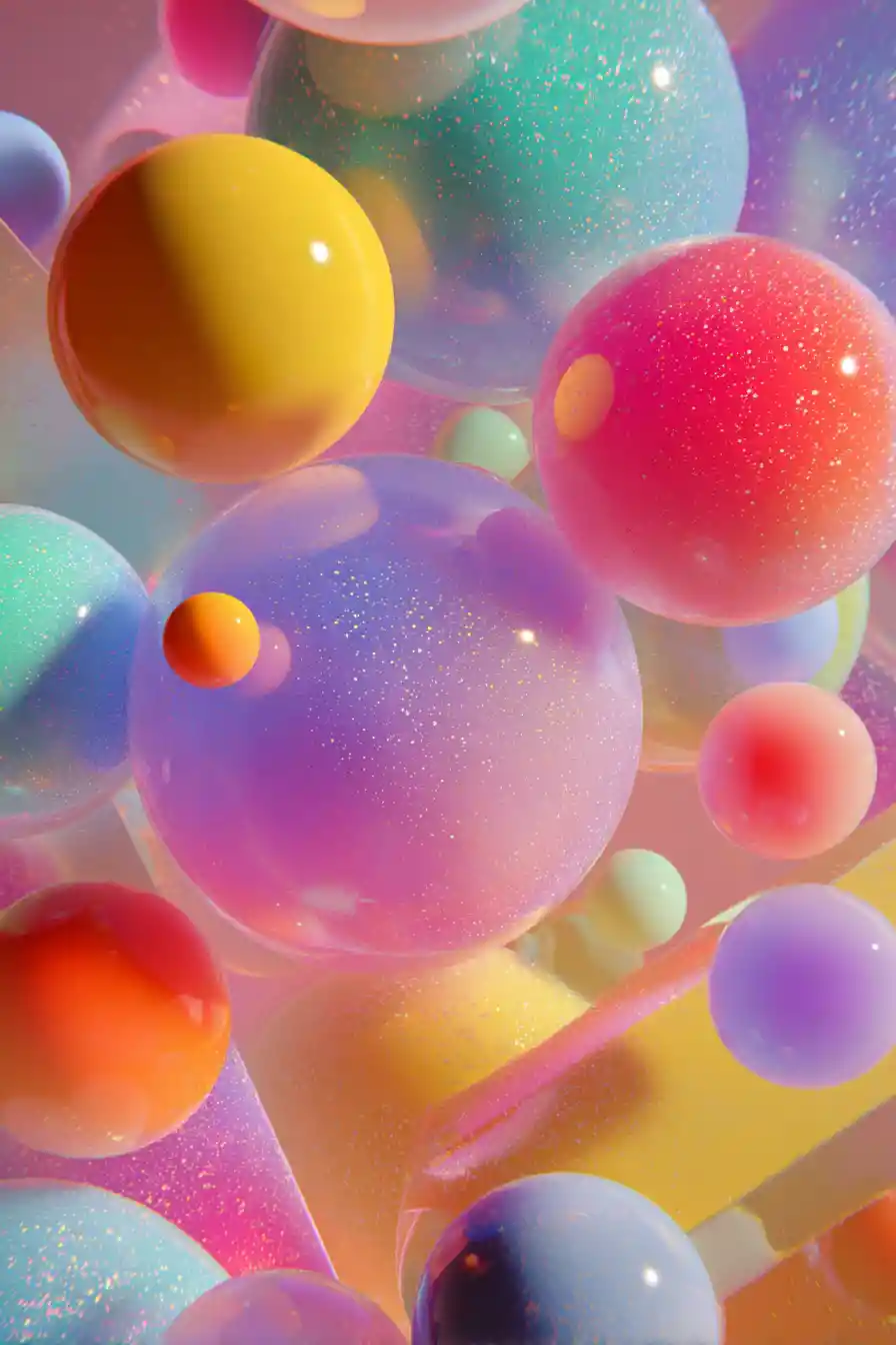 Abstract pastel geometric shapes with glowing iridescent accents