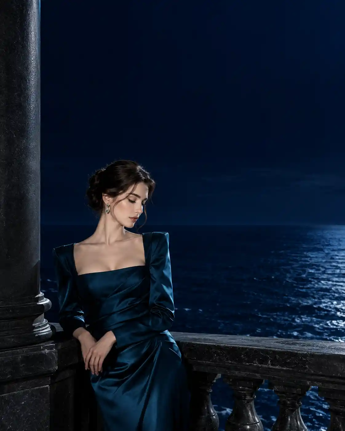 Elegant woman in emerald evening dress by dark ocean